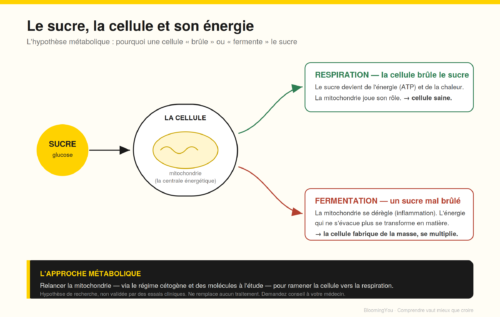 Schéma du traitement métabolique du cancer : la cellule, son énergie et le sucre