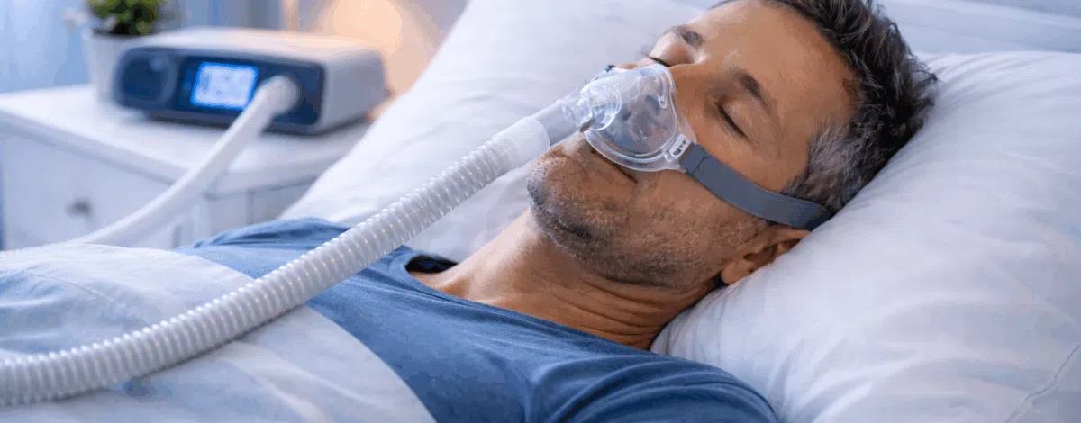 Homme portant masque PPC (pression positive continue) pour traitement apnée du sommeil