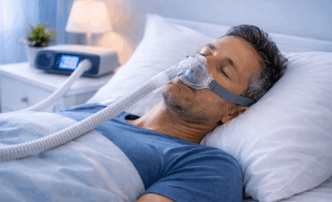 Homme portant masque PPC (pression positive continue) pour traitement apnée du sommeil