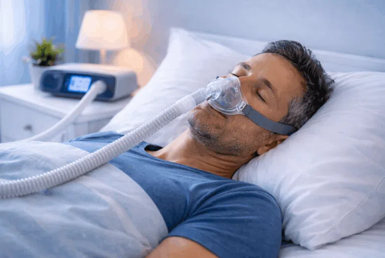 Homme portant masque PPC (pression positive continue) pour traitement apnée du sommeil