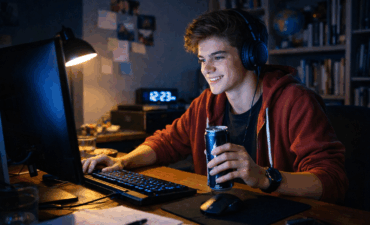 Adolescent éveillé tard soir bureau ordinateur énergie chronotype tardif couche-tard