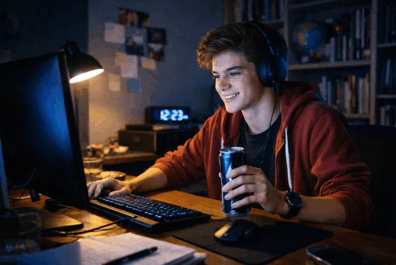 Adolescent éveillé tard soir bureau ordinateur énergie chronotype tardif couche-tard