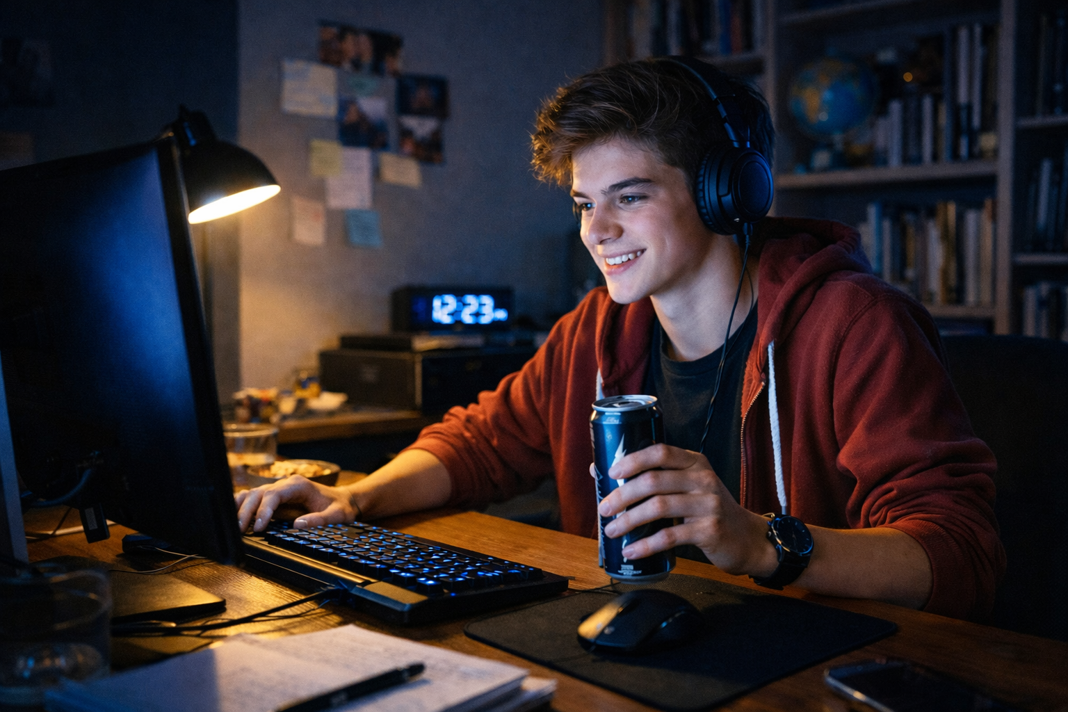 Adolescent éveillé tard soir bureau ordinateur énergie chronotype tardif couche-tard