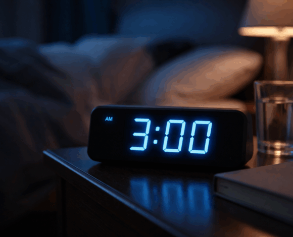 Réveil affichant 3h du matin sur table de nuit dans chambre obscure