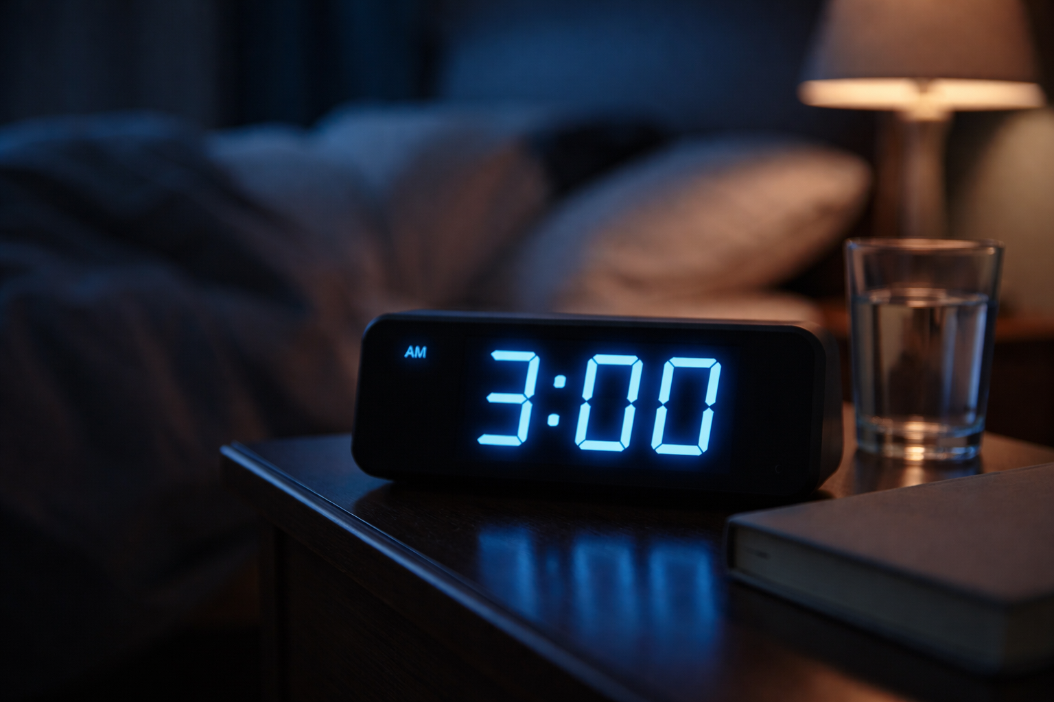 Réveil affichant 3h du matin sur table de nuit dans chambre obscure