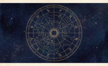 Carte du ciel astrologique, thème astral en lignes dorées sur un ciel nocturne étoilé