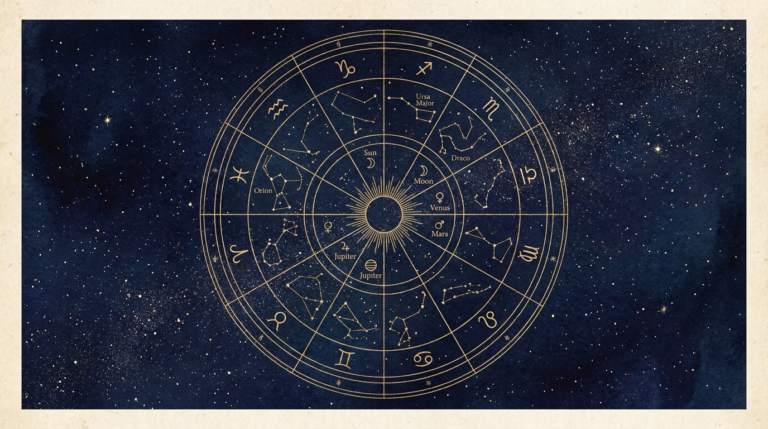 Carte du ciel astrologique, thème astral en lignes dorées sur un ciel nocturne étoilé
