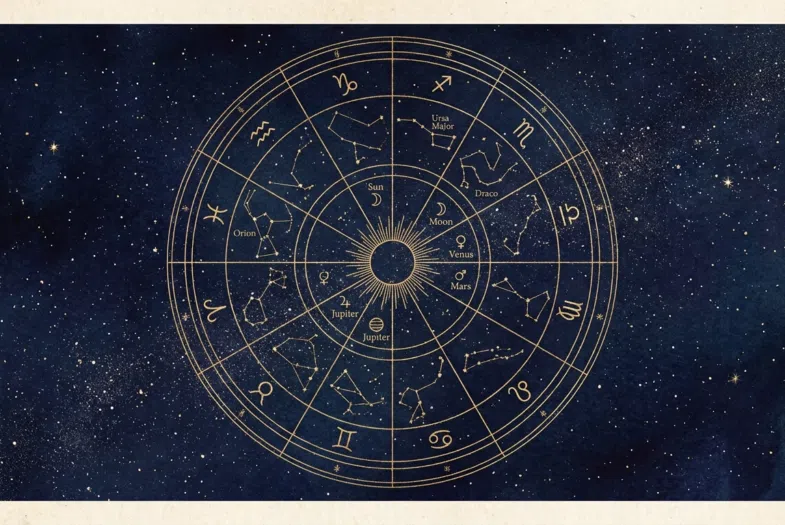 Carte du ciel astrologique, thème astral en lignes dorées sur un ciel nocturne étoilé