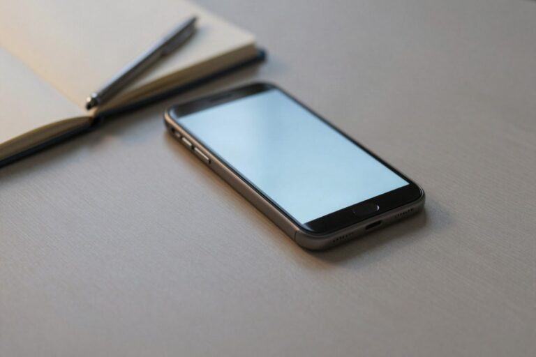Un bureau où l'écran d'un téléphone s'allume à côté d'un carnet ouvert