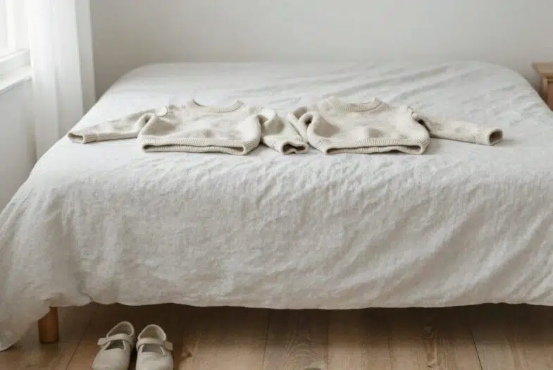 Deux vêtements d'enfant posés côte à côte sur un lit, image du choix quotidien