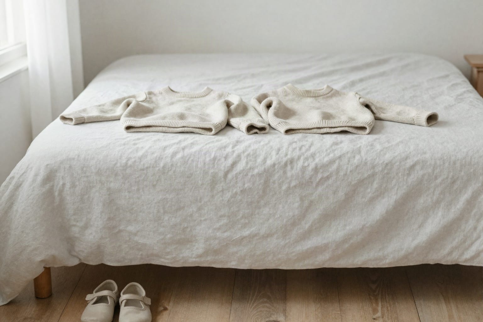 Deux vêtements d'enfant posés côte à côte sur un lit, image du choix quotidien