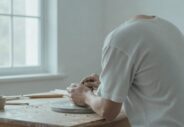 Une personne de dos, épaules relâchées, absorbée par une tâche manuelle en lumière douce.webp