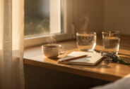 Tasse de café fumante, verre d eau et carnet sur un rebord de fenêtre dans la lumière dorée du matin.webp