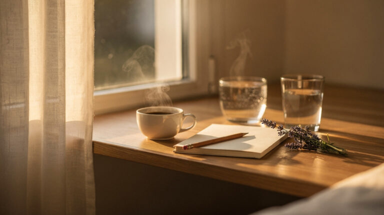 Tasse de café fumante, verre d eau et carnet sur un rebord de fenêtre dans la lumière dorée du matin