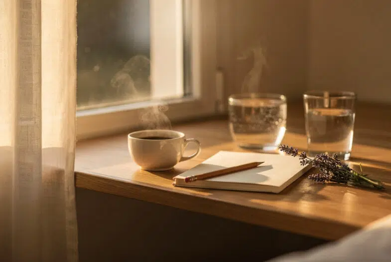 Tasse de café fumante, verre d eau et carnet sur un rebord de fenêtre dans la lumière dorée du matin