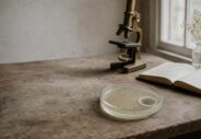 Boîte de Petri en verre sur une paillasse ancienne, une moisissure entourée d’un cercle où rien ne pousse, microscope flou à l’arrière-plan.webp