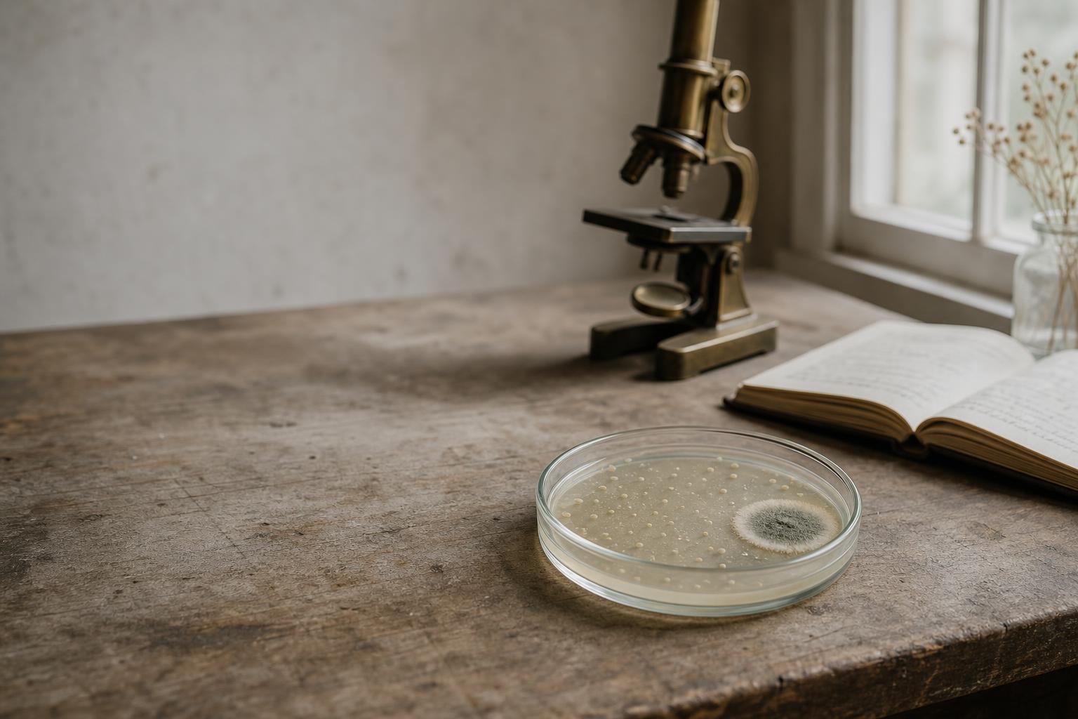 Boîte de Petri en verre sur une paillasse ancienne, une moisissure entourée d’un cercle où rien ne pousse, microscope flou à l’arrière-plan